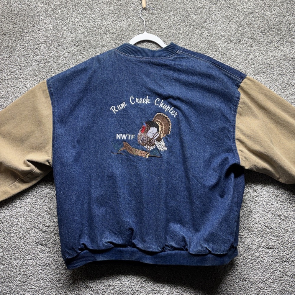 Vintage Turkey Hunting NWTF Three Rivers Denim Mens XL Bomber Jacket Made In USA
